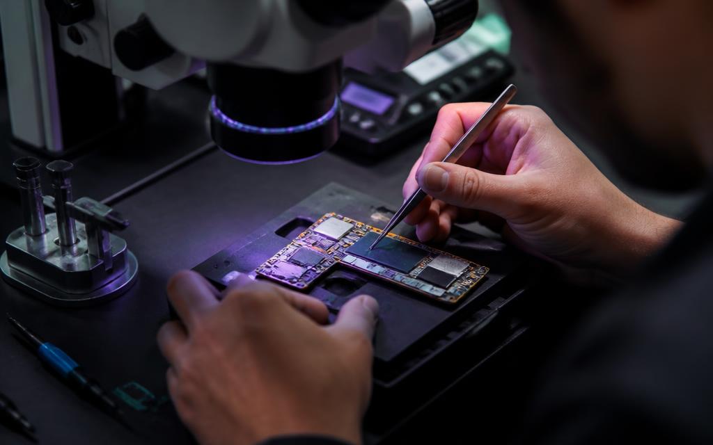 Técnico realizando reparo em placa de iPhone na bancada