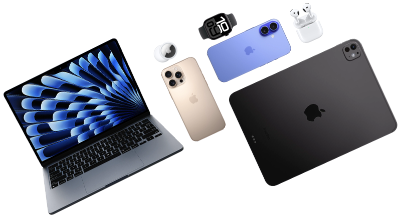 MacBook Air, AirPods, Apple Watch, iPhone e iPad Pro lado a lado